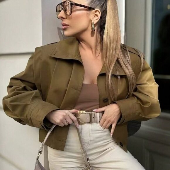 Casual Women's Pleated Jacket Long Sleeve Cropped Coat Trench Jackets Stre - Picture 2 of 11